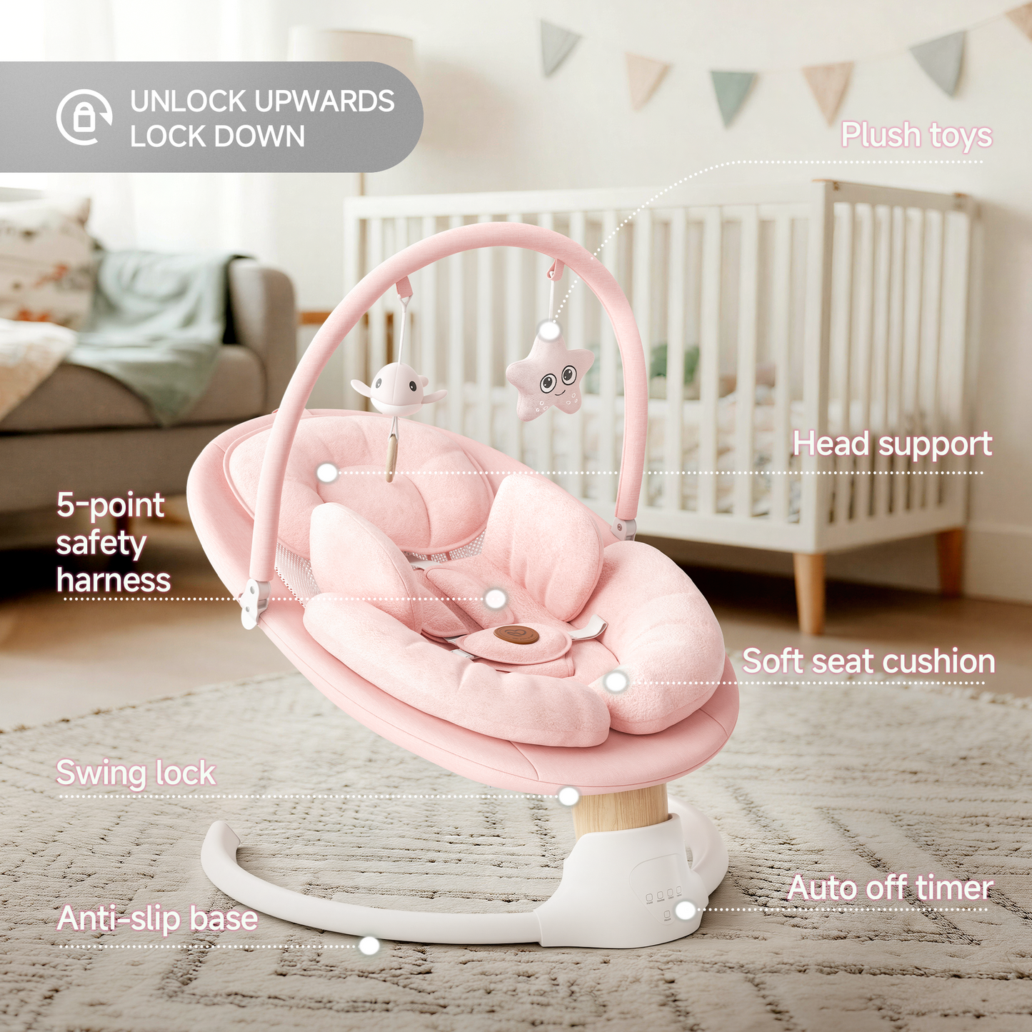 Babyomi portable baby swings for infants to toddler, Electric Baby Swing with Music Speaker, 3 Preset Timing Modes, and 5 Speeds, Remote Control and Bluetooth - Infant Swing for Indoor （708）