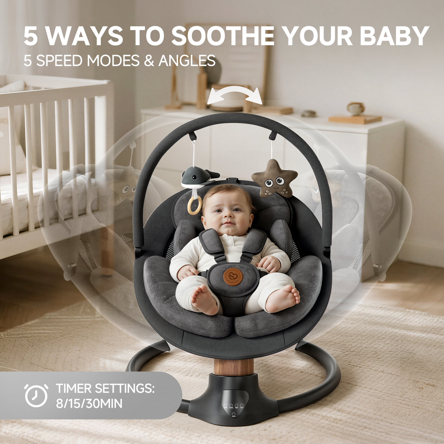 Babyomi portable baby swings for infants to toddler, Electric Baby Swing with Music Speaker, 3 Preset Timing Modes, and 5 Speeds, Remote Control and Bluetooth - Infant Swing for Indoor （708）