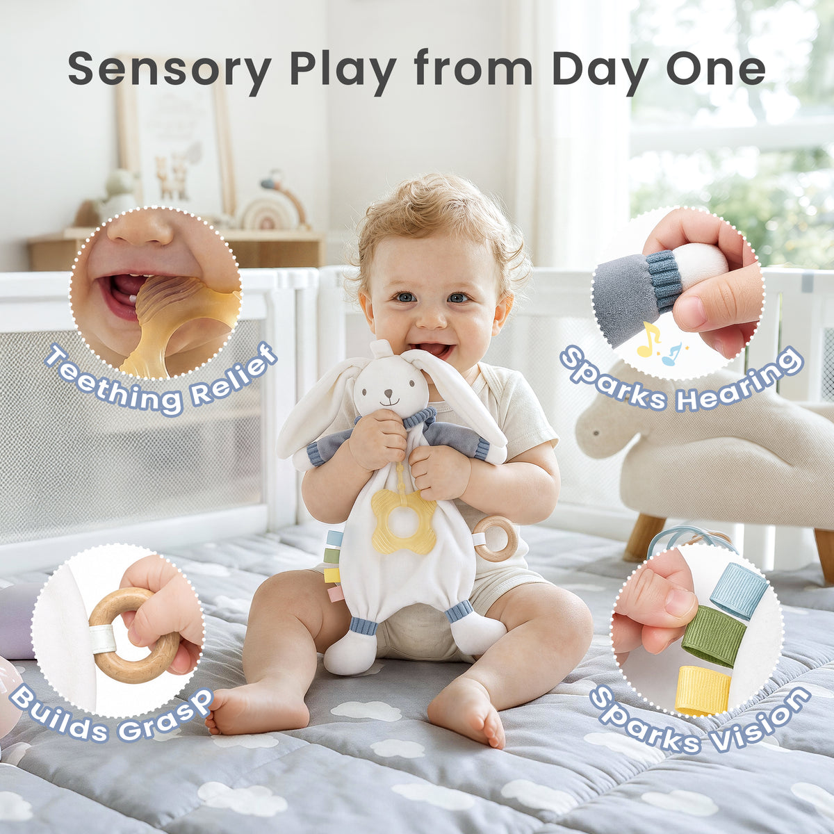 Babyomi Lovey with Silicone Teether, Rabbit Security Blanket with Textured Ribbons, Crinkle Toys, Soft Fabric, Newborn boys and girls Gifts for Baby Shower & Birthday, Brown