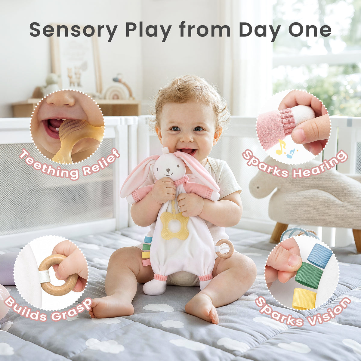 Babyomi Lovey with Silicone Teether, Rabbit Security Blanket with Textured Ribbons, Crinkle Toys, Soft Fabric, Newborn boys and girls Gifts for Baby Shower & Birthday, Brown