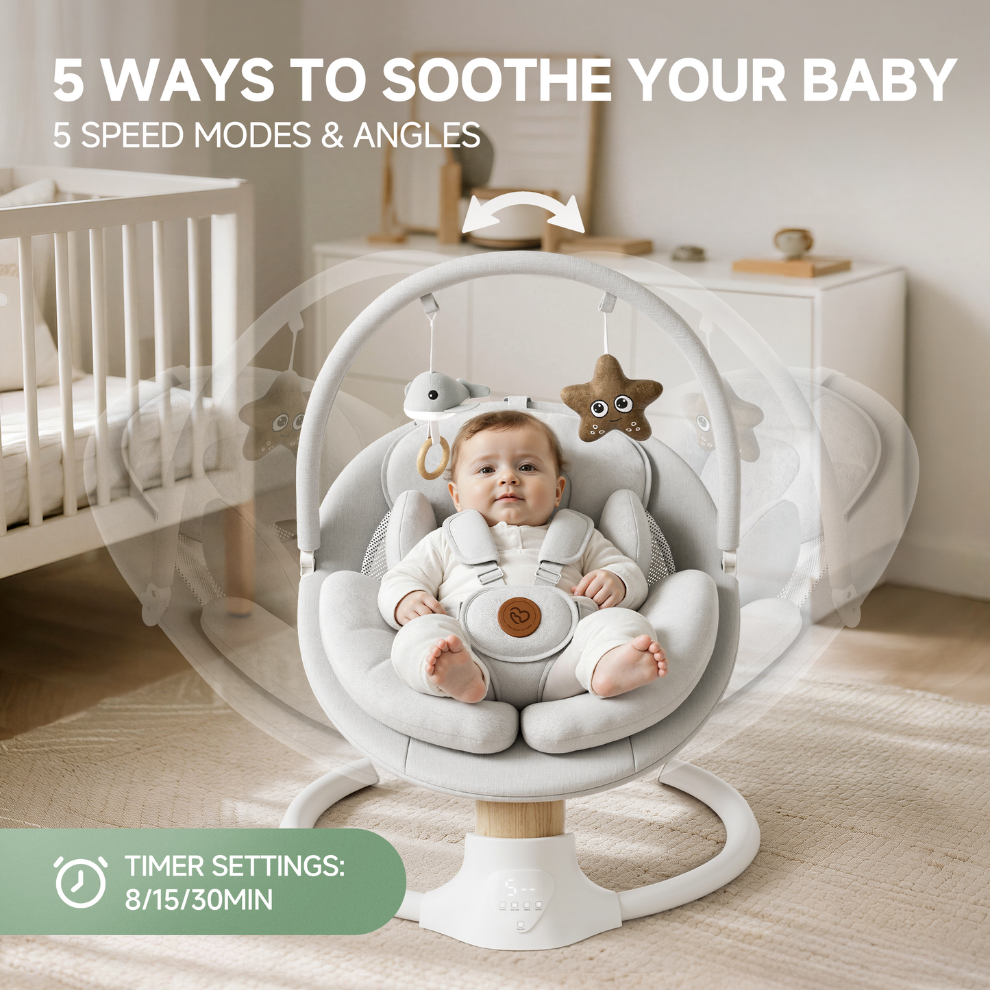 Babyomi portable baby swings for infants to toddler, Electric Baby Swing with Music Speaker, 3 Preset Timing Modes, and 5 Speeds, Remote Control and Bluetooth - Infant Swing for Indoor （708）