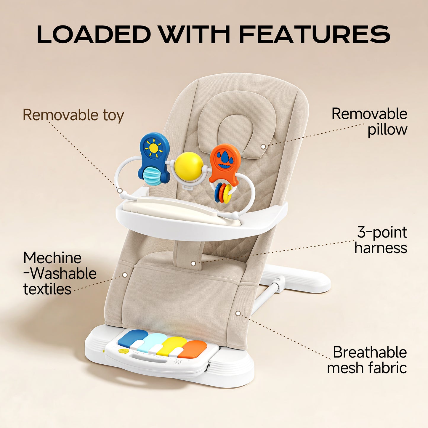 Babyomi 4 in 1 Baby Bouncer, 3-Level Recline Foldable Rocker for Infant to Toddler 0-6 with Detachable Pianos, Feeding Tray and Play Bar 12-24 Months, Girls and Boys Gift, Beige