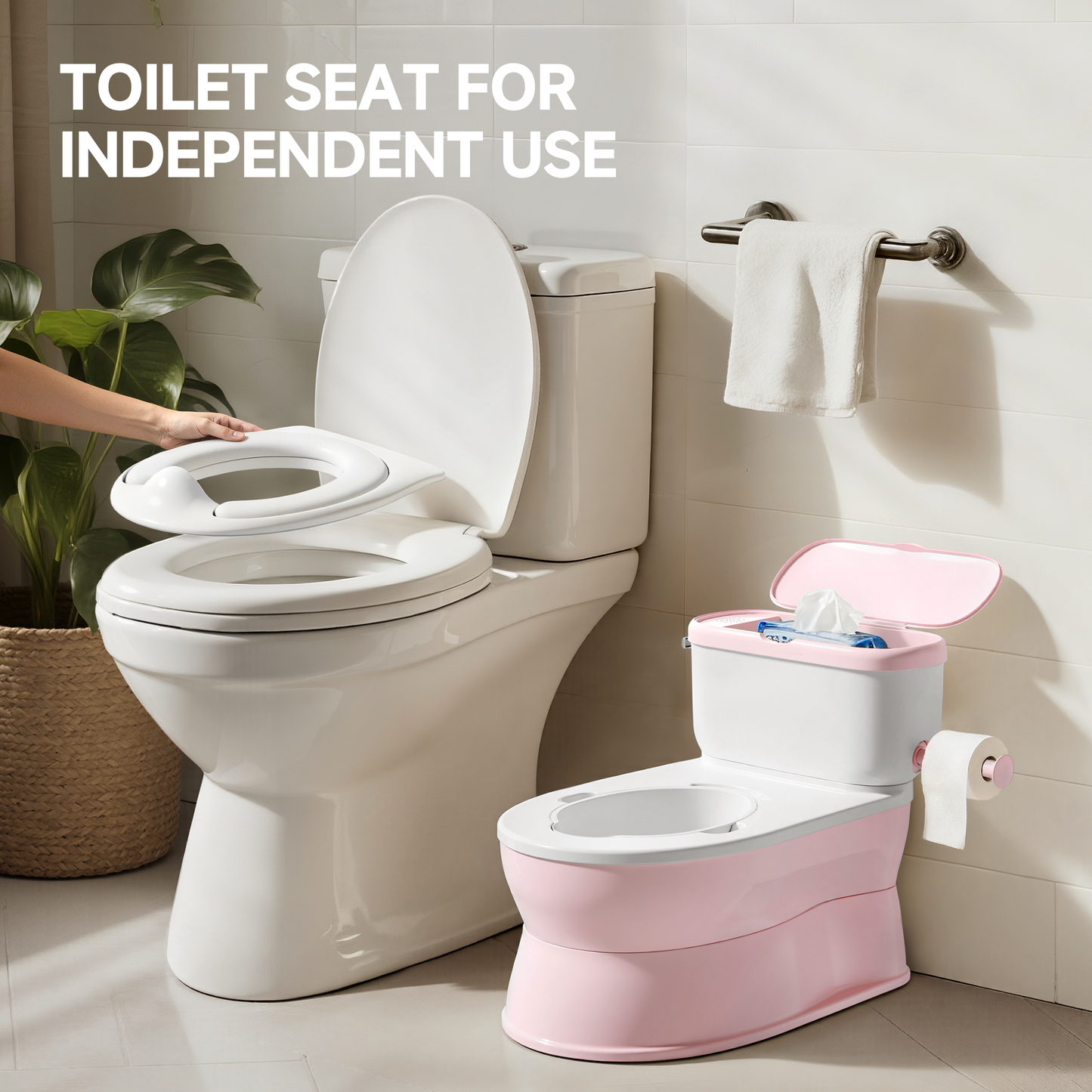 (1033) Babyomi Toddler Potty Training Toilet, 2-in-1 Portable Toilet with Detachable Training Seat, Realistic Flushing Sound, Wipes Storage and Toilet Paper Holder for Boys and Girls Ages 1-3, Grey