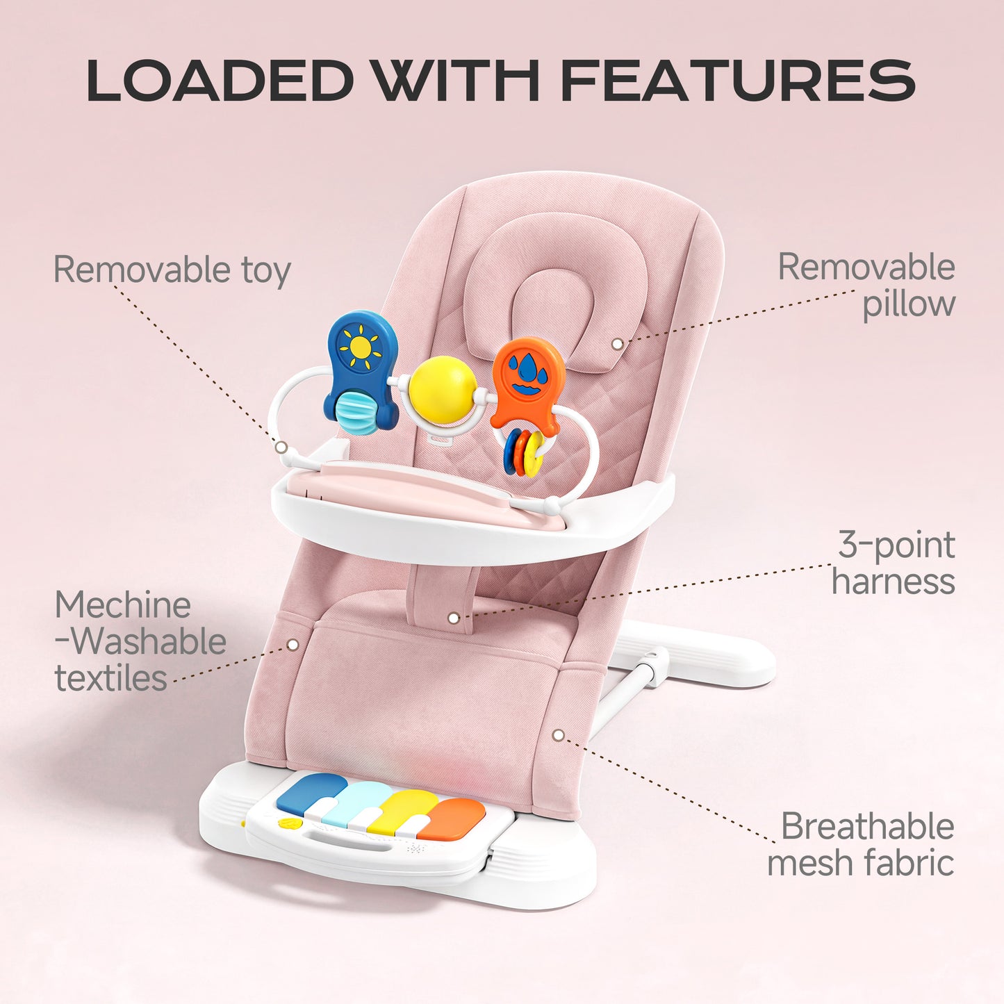 Babyomi 4 in 1 Baby Bouncer, 3-Level Recline Foldable Rocker for Infant to Toddler 0-6 with Detachable Pianos, Feeding Tray and Play Bar 12-24 Months, Girls and Boys Gift, Beige