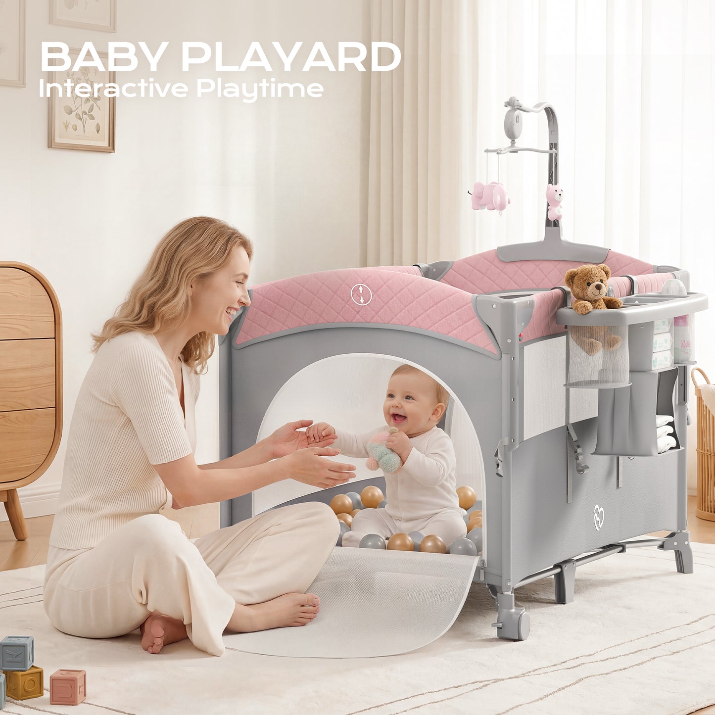 5 in 1 Baby Bassinet Bedside Crib, Easy Folding Portable Playards, Pack and Play with Mattress, Diaper Changer and Music Mobile Pink