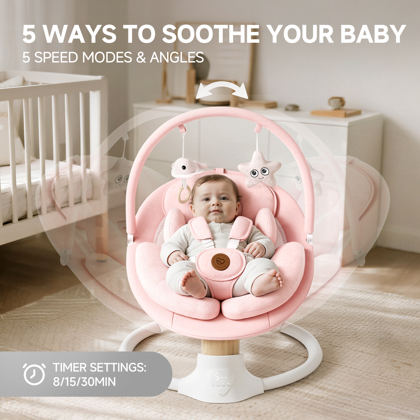 Babyomi portable baby swings for infants to toddler, Electric Baby Swing with Music Speaker, 3 Preset Timing Modes, and 5 Speeds, Remote Control and Bluetooth - Infant Swing for Indoor （708）