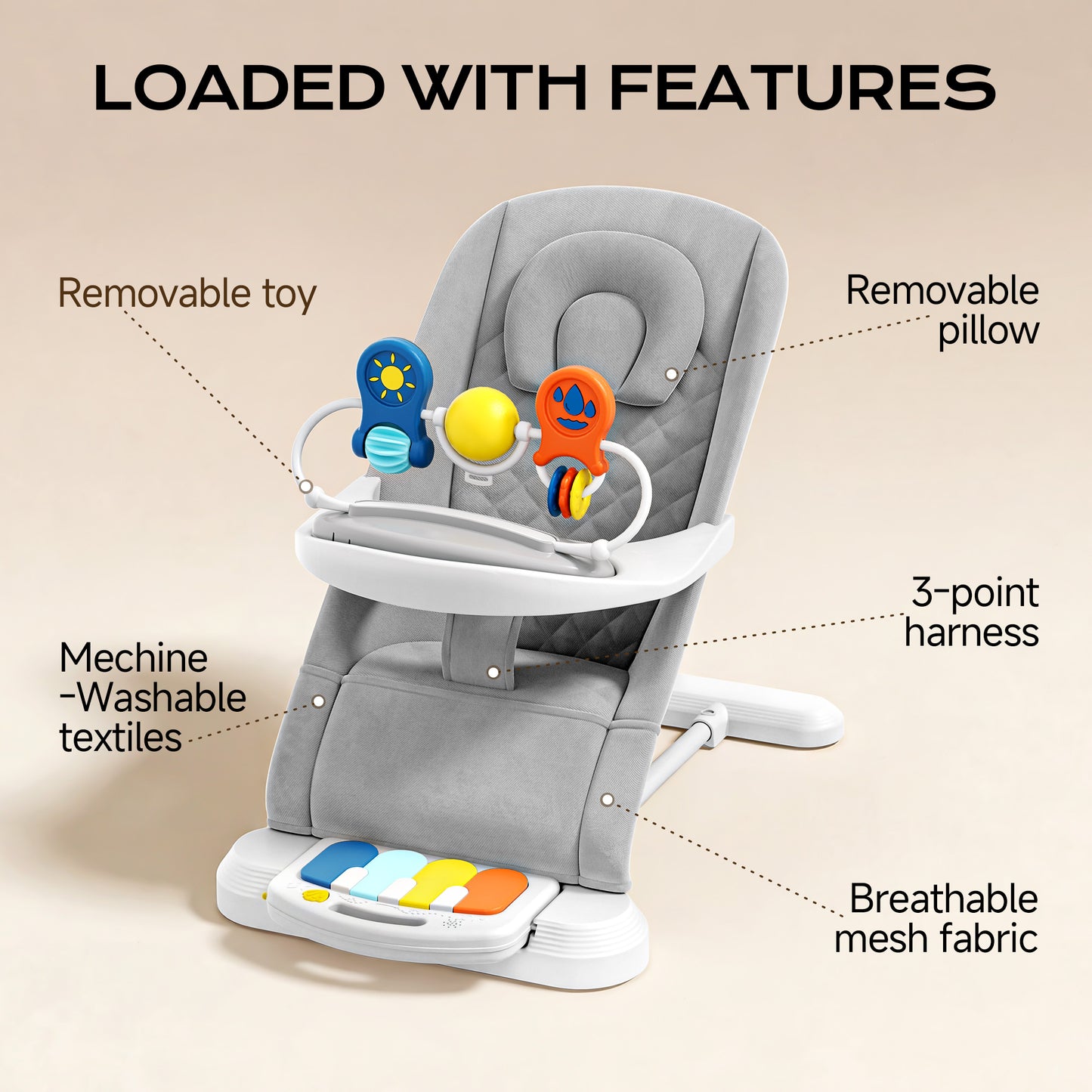Babyomi 4 in 1 Baby Bouncer, 3-Level Recline Foldable Rocker for Infant to Toddler 0-6 with Detachable Pianos, Feeding Tray and Play Bar 12-24 Months, Girls and Boys Gift, Beige