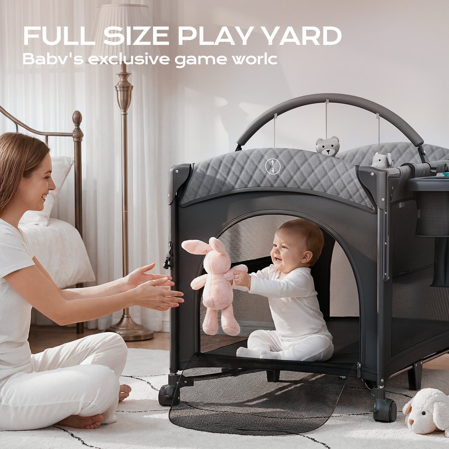 (UP670S)4 in 1 Baby Bassinet, Pack and Play, Bedside Crib Sleeper, Diaper Changer - Comes with Mattress, Mosquito Net，Bottom Storage and Toy Bar for Newborn to Toddles