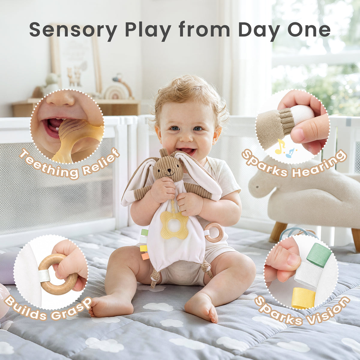 Babyomi Lovey with Silicone Teether, Rabbit Security Blanket with Textured Ribbons, Crinkle Toys, Soft Fabric, Newborn boys and girls Gifts for Baby Shower & Birthday, Brown