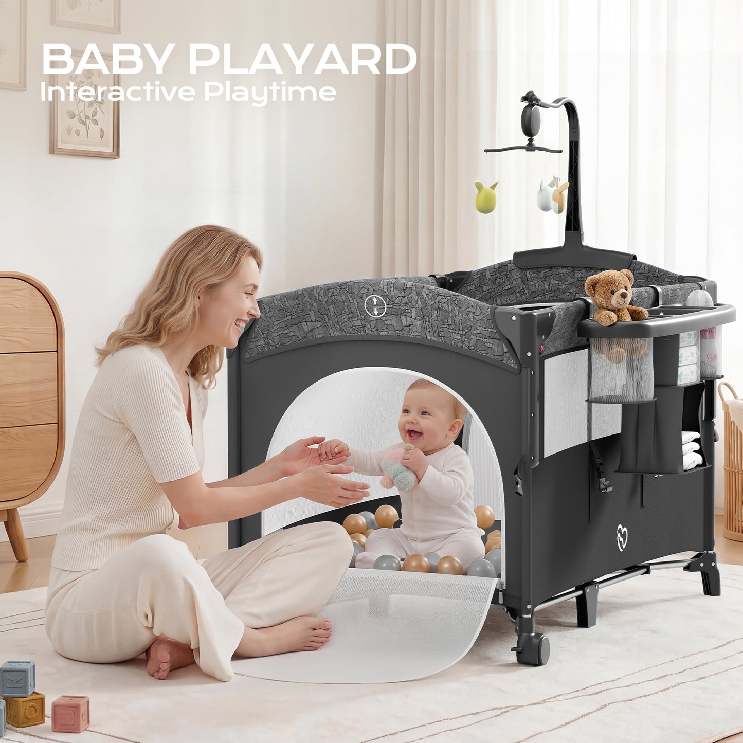 5 in 1 Baby Bassinet Bedside Crib, Easy Folding Portable Playards, Pack and Play with Mattress, Diaper Changer and Music Mobile Pink