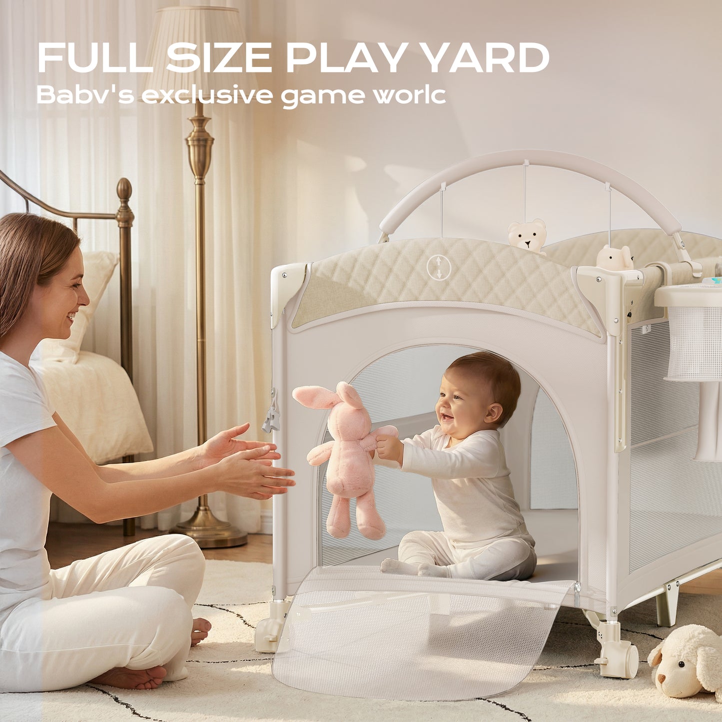 (UP670S)4 in 1 Baby Bassinet, Pack and Play, Bedside Crib Sleeper, Diaper Changer - Comes with Mattress, Mosquito Net，Bottom Storage and Toy Bar for Newborn to Toddles