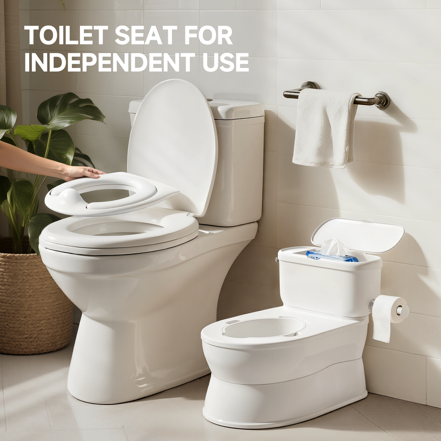 (1033) Babyomi Toddler Potty Training Toilet, 2-in-1 Portable Toilet with Detachable Training Seat, Realistic Flushing Sound, Wipes Storage and Toilet Paper Holder for Boys and Girls Ages 1-3, Grey
