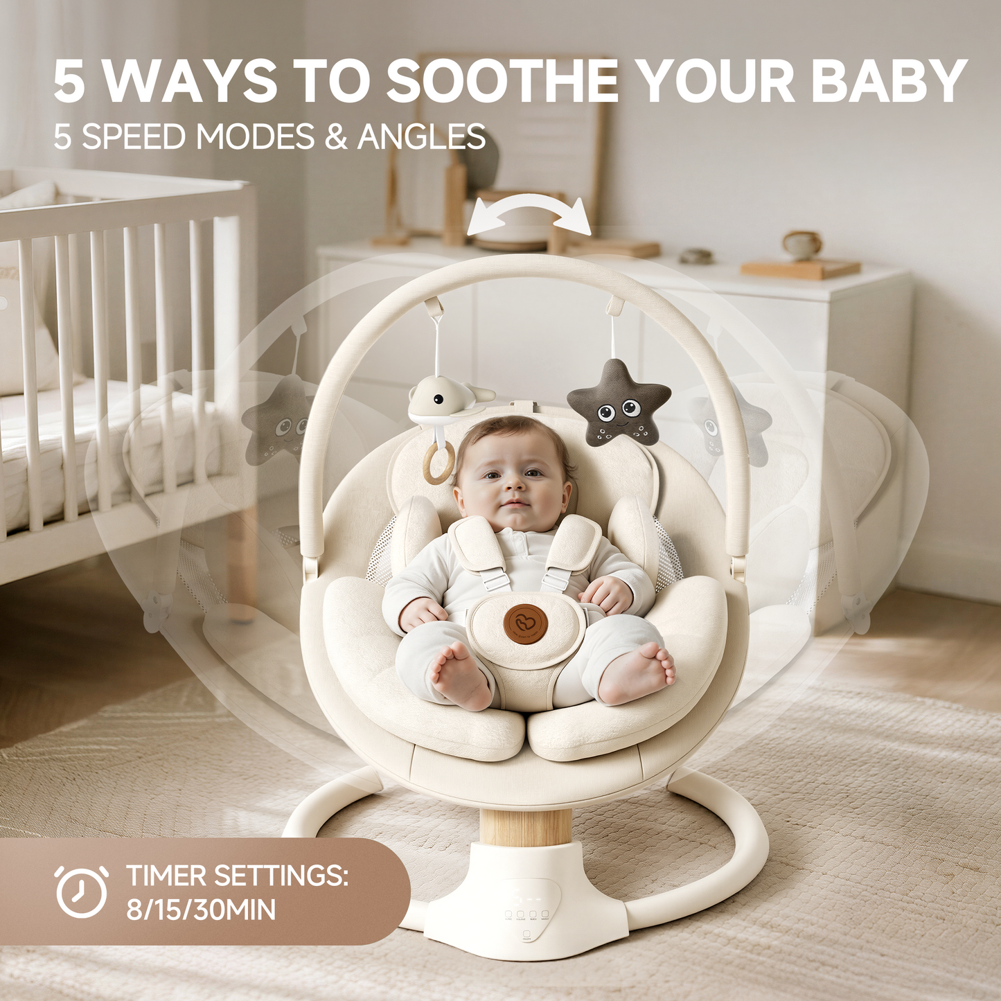 Babyomi portable baby swings for infants to toddler, Electric Baby Swing with Music Speaker, 3 Preset Timing Modes, and 5 Speeds, Remote Control and Bluetooth - Infant Swing for Indoor （708）