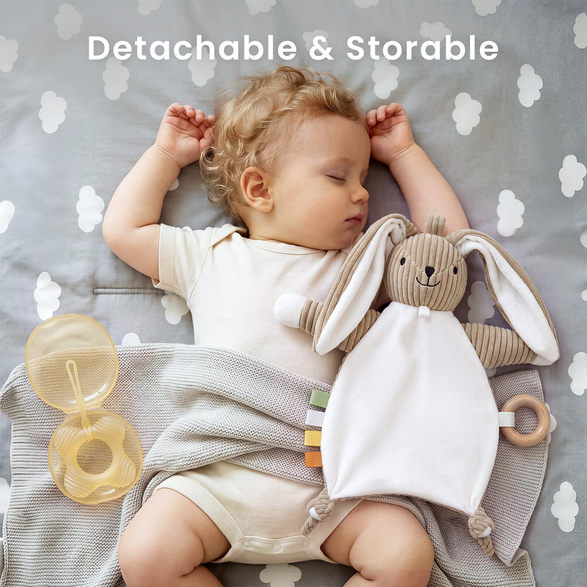 Babyomi Lovey with Silicone Teether, Rabbit Security Blanket with Textured Ribbons, Crinkle Toys, Soft Fabric, Newborn boys and girls Gifts for Baby Shower & Birthday, Brown