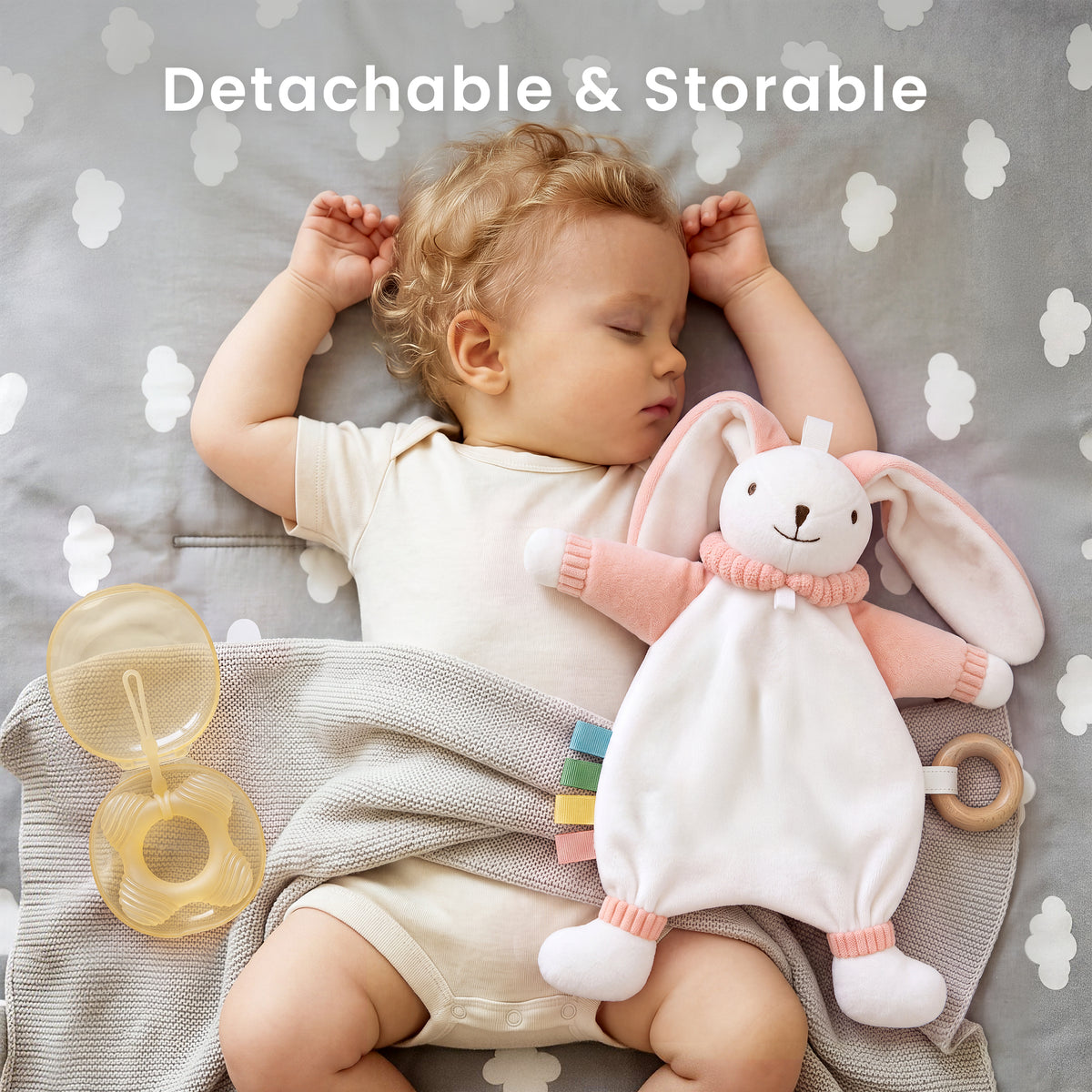 Babyomi Lovey with Silicone Teether, Rabbit Security Blanket with Textured Ribbons, Crinkle Toys, Soft Fabric, Newborn boys and girls Gifts for Baby Shower & Birthday, Brown
