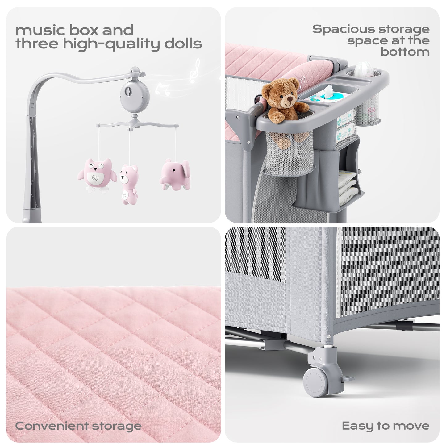 5 in 1 Baby Bassinet Bedside Crib, Easy Folding Portable Playards, Pack and Play with Mattress, Diaper Changer and Music Mobile Pink