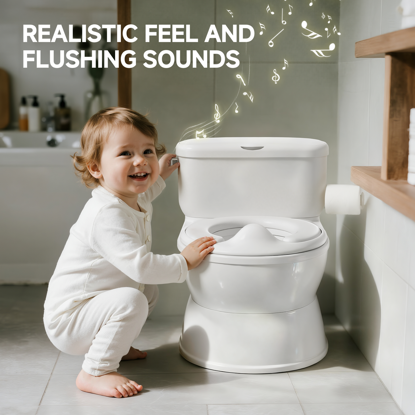 (1033) Babyomi Toddler Potty Training Toilet, 2-in-1 Portable Toilet with Detachable Training Seat, Realistic Flushing Sound, Wipes Storage and Toilet Paper Holder for Boys and Girls Ages 1-3, Grey
