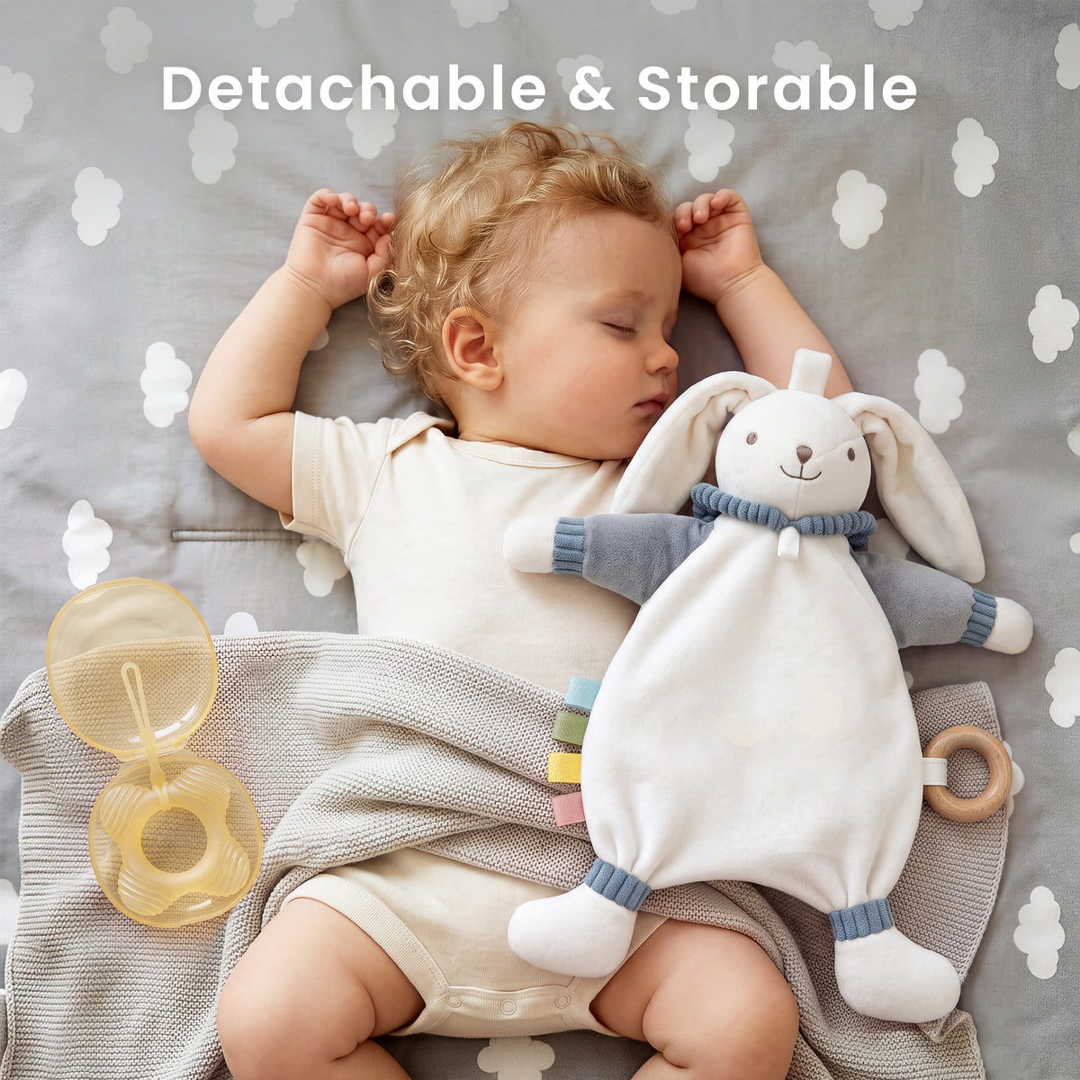 Babyomi Lovey with Silicone Teether, Rabbit Security Blanket with Textured Ribbons, Crinkle Toys, Soft Fabric, Newborn boys and girls Gifts for Baby Shower & Birthday, Brown