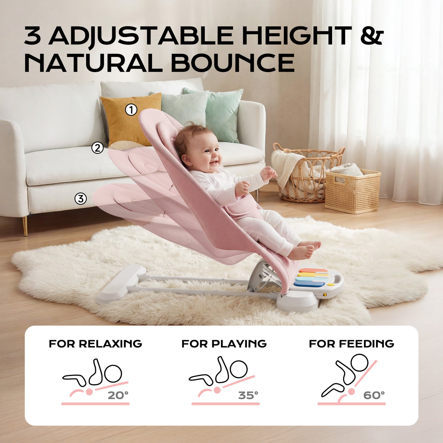 Babyomi 4 in 1 Baby Bouncer, 3-Level Recline Foldable Rocker for Infant to Toddler 0-6 with Detachable Pianos, Feeding Tray and Play Bar 12-24 Months, Girls and Boys Gift, Beige
