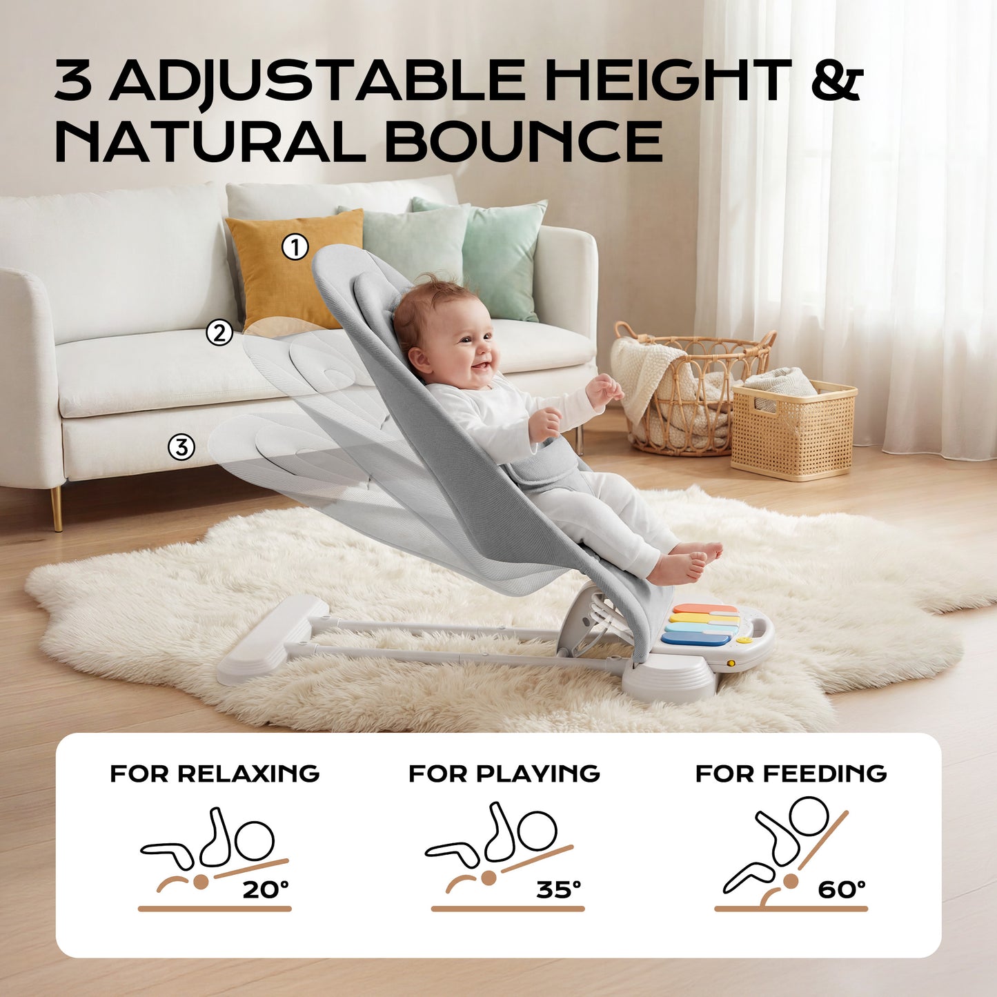 Babyomi 4 in 1 Baby Bouncer, 3-Level Recline Foldable Rocker for Infant to Toddler 0-6 with Detachable Pianos, Feeding Tray and Play Bar 12-24 Months, Girls and Boys Gift, Beige