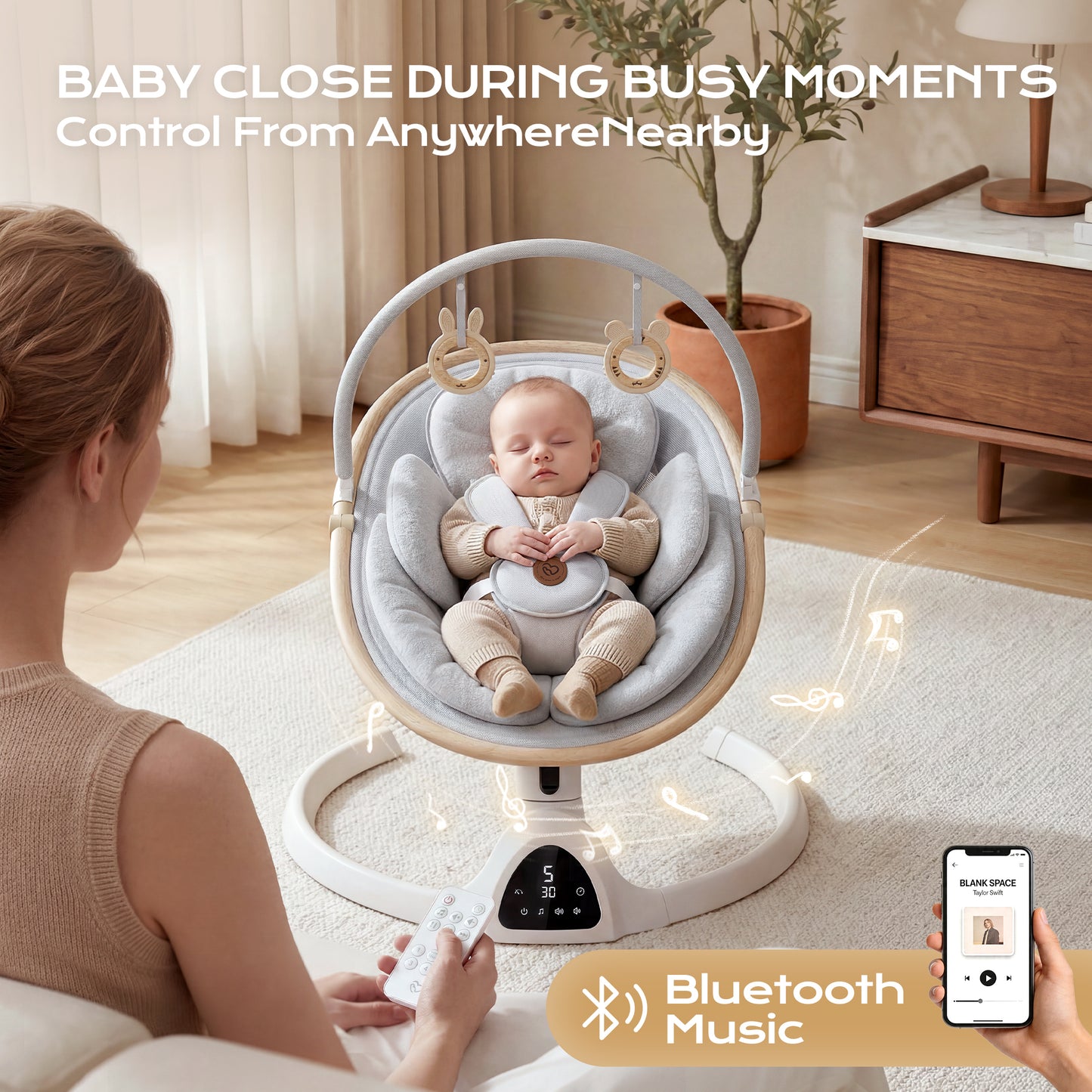 Baby Swing for Infants to Toddler Portable Babies Swing Timing Function 5 Swing Speeds Bluetooth Touch Screen Music Speaker with 10 Preset Lullabies 5-Point Carabiner White