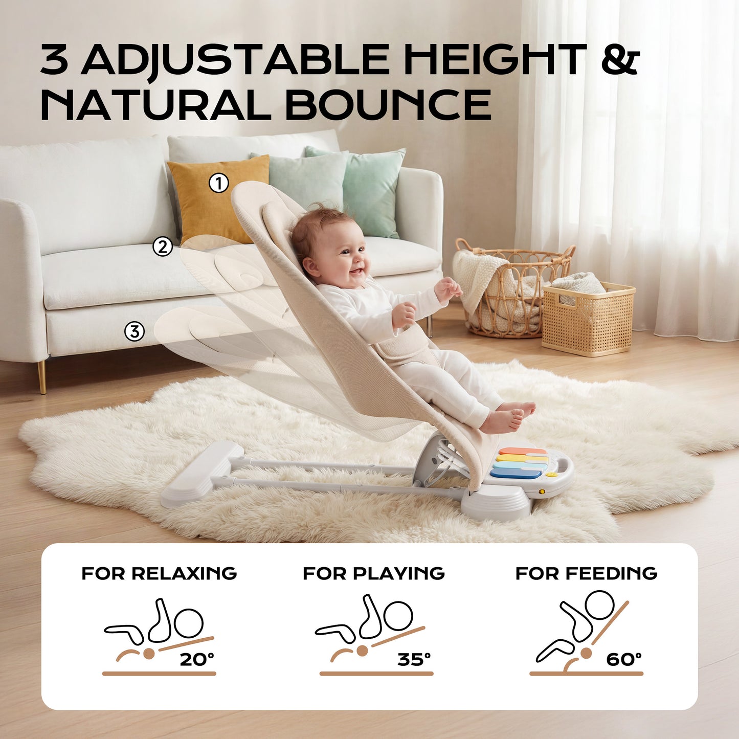 Babyomi 4 in 1 Baby Bouncer, 3-Level Recline Foldable Rocker for Infant to Toddler 0-6 with Detachable Pianos, Feeding Tray and Play Bar 12-24 Months, Girls and Boys Gift, Beige