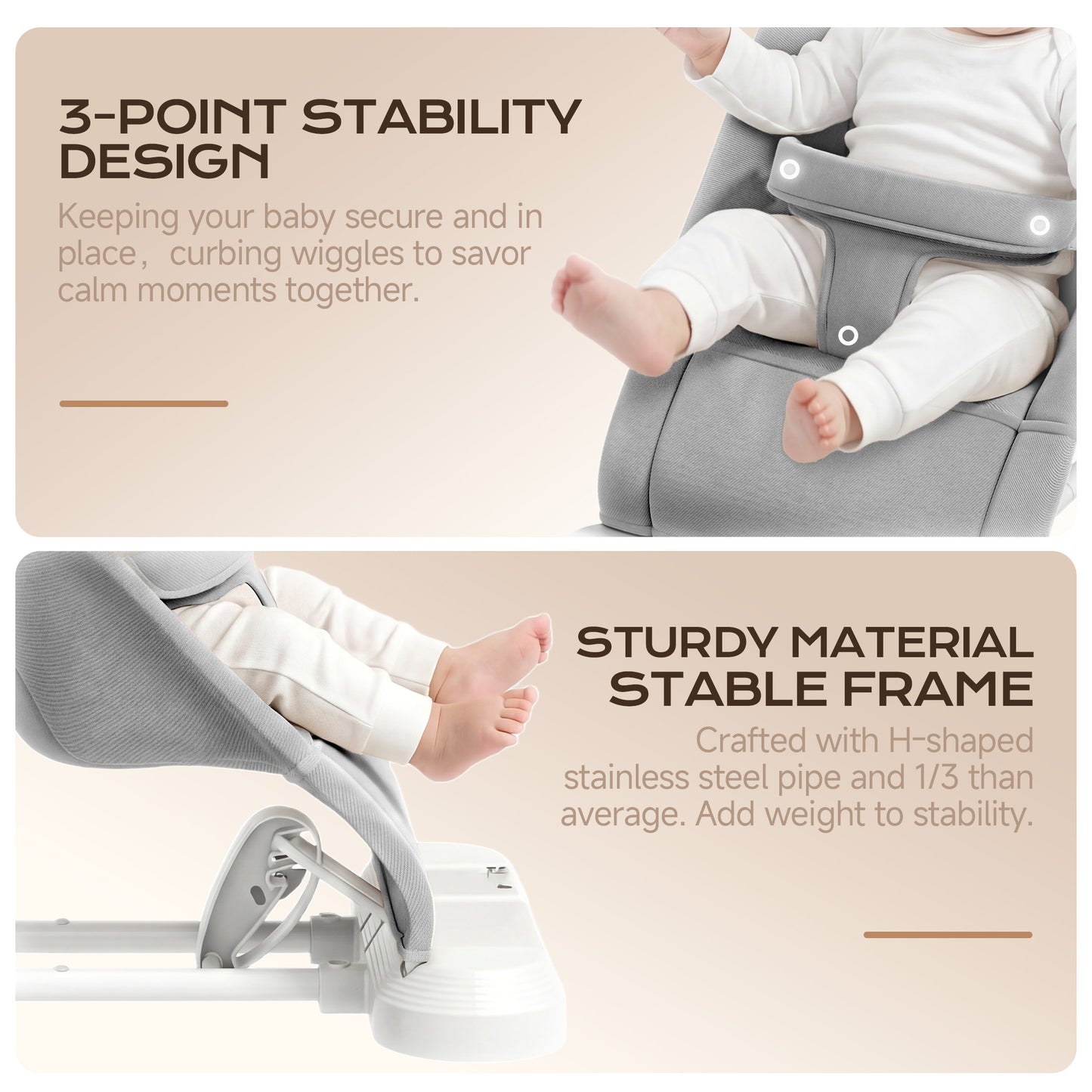 Babyomi 4 in 1 Baby Bouncer, 3-Level Recline Foldable Rocker for Infant to Toddler 0-6 with Detachable Pianos, Feeding Tray and Play Bar 12-24 Months, Girls and Boys Gift, Beige