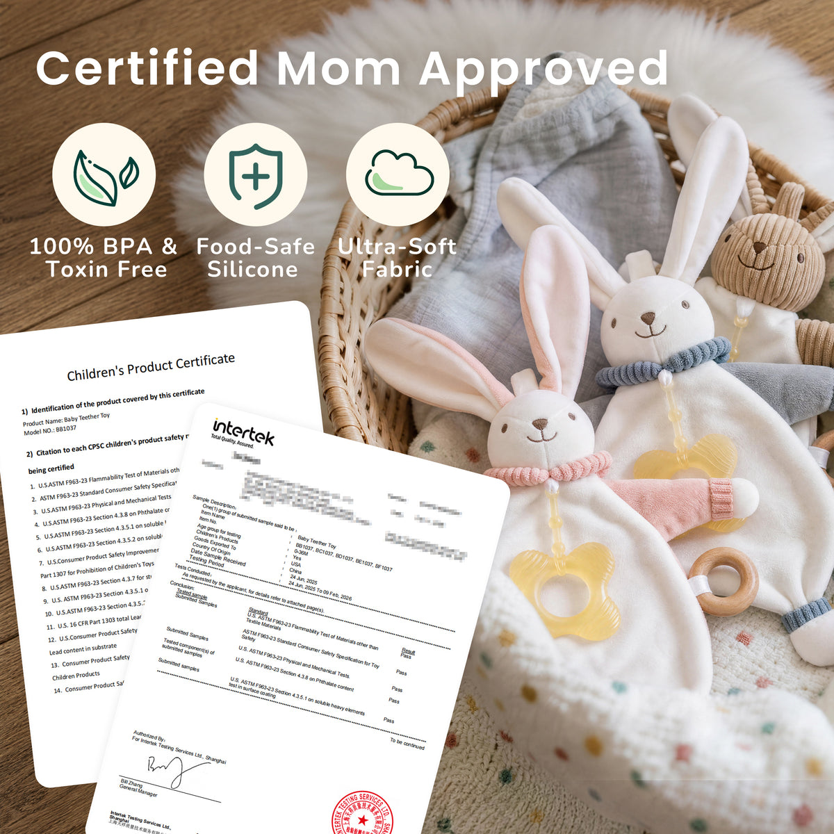 Babyomi Lovey with Silicone Teether, Rabbit Security Blanket with Textured Ribbons, Crinkle Toys, Soft Fabric, Newborn boys and girls Gifts for Baby Shower & Birthday, Brown