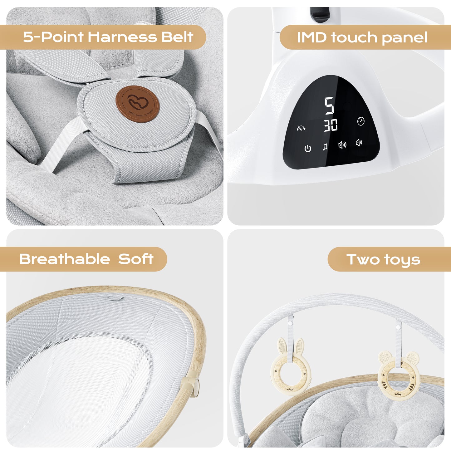 Baby Swing for Infants to Toddler Portable Babies Swing Timing Function 5 Swing Speeds Bluetooth Touch Screen Music Speaker with 10 Preset Lullabies 5-Point Carabiner White