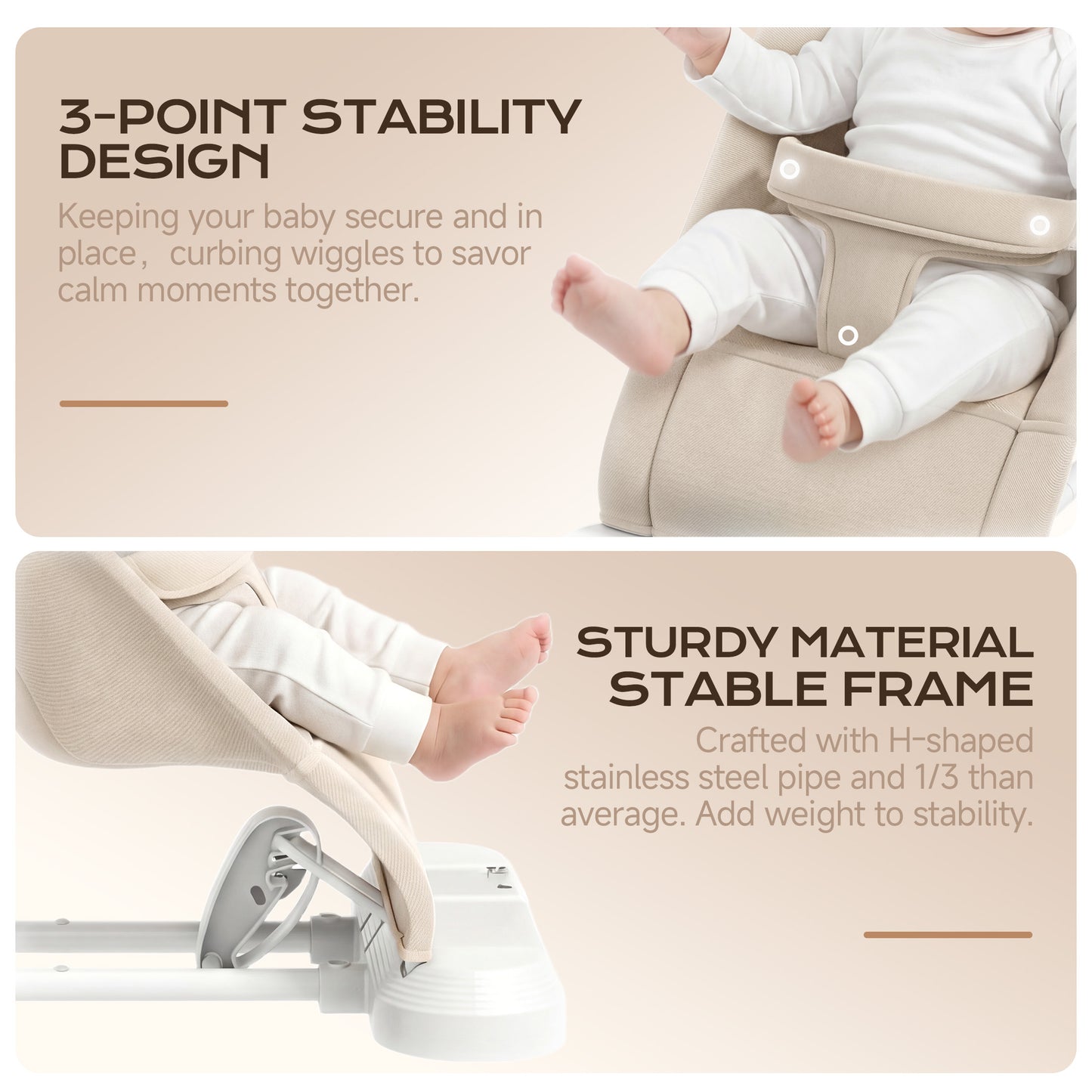Babyomi 4 in 1 Baby Bouncer, 3-Level Recline Foldable Rocker for Infant to Toddler 0-6 with Detachable Pianos, Feeding Tray and Play Bar 12-24 Months, Girls and Boys Gift, Beige