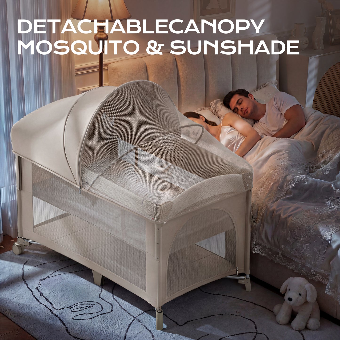 (UP670S)4 in 1 Baby Bassinet, Pack and Play, Bedside Crib Sleeper, Diaper Changer - Comes with Mattress, Mosquito Net，Bottom Storage and Toy Bar for Newborn to Toddles