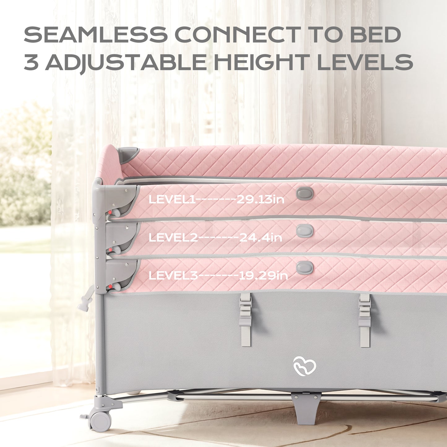 5 in 1 Baby Bassinet Bedside Crib, Easy Folding Portable Playards, Pack and Play with Mattress, Diaper Changer and Music Mobile Pink