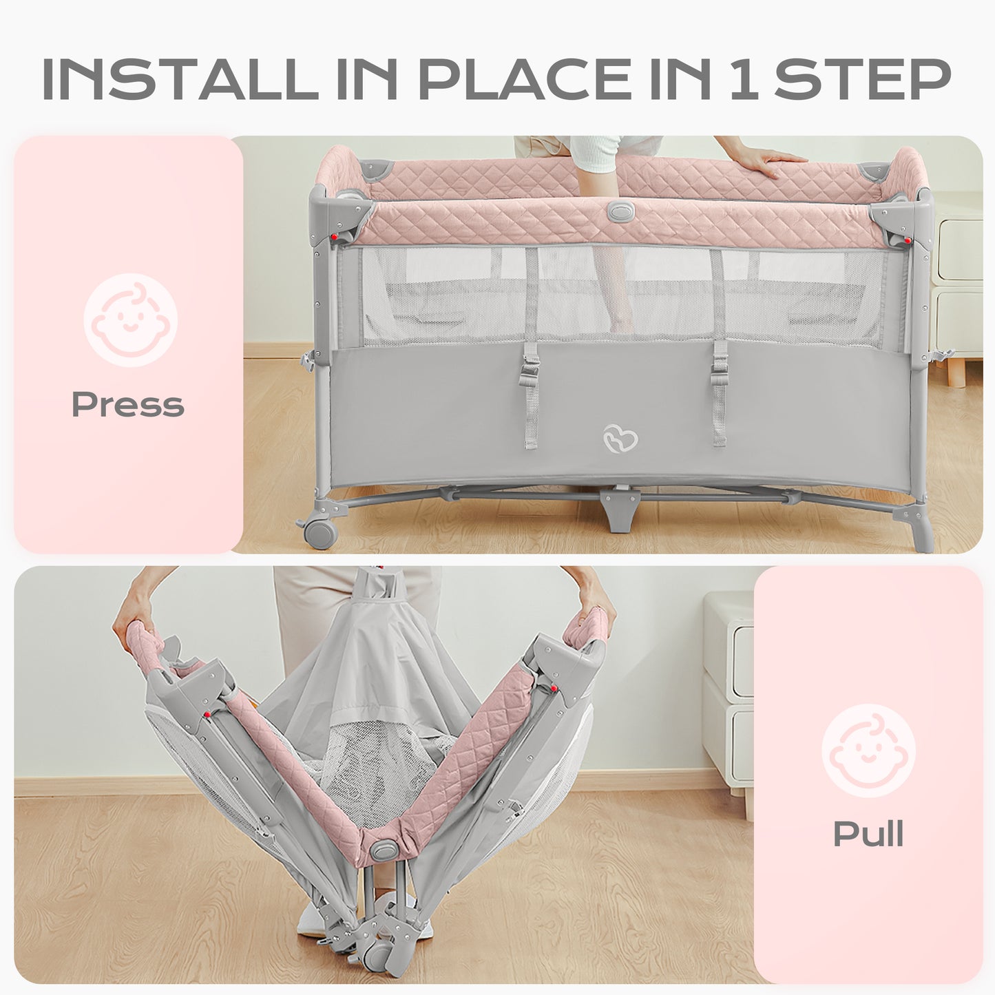 5 in 1 Baby Bassinet Bedside Crib, Easy Folding Portable Playards, Pack and Play with Mattress, Diaper Changer and Music Mobile Pink
