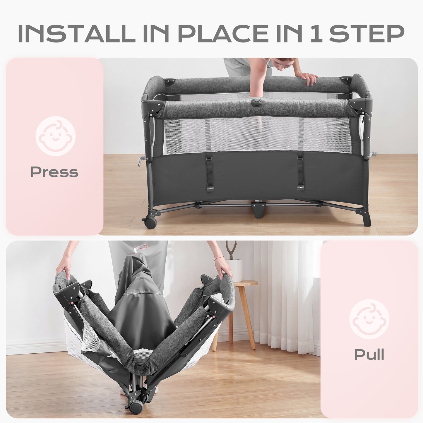 5 in 1 Baby Bassinet Bedside Crib, Easy Folding Portable Playards, Pack and Play with Mattress, Diaper Changer and Music Mobile Pink
