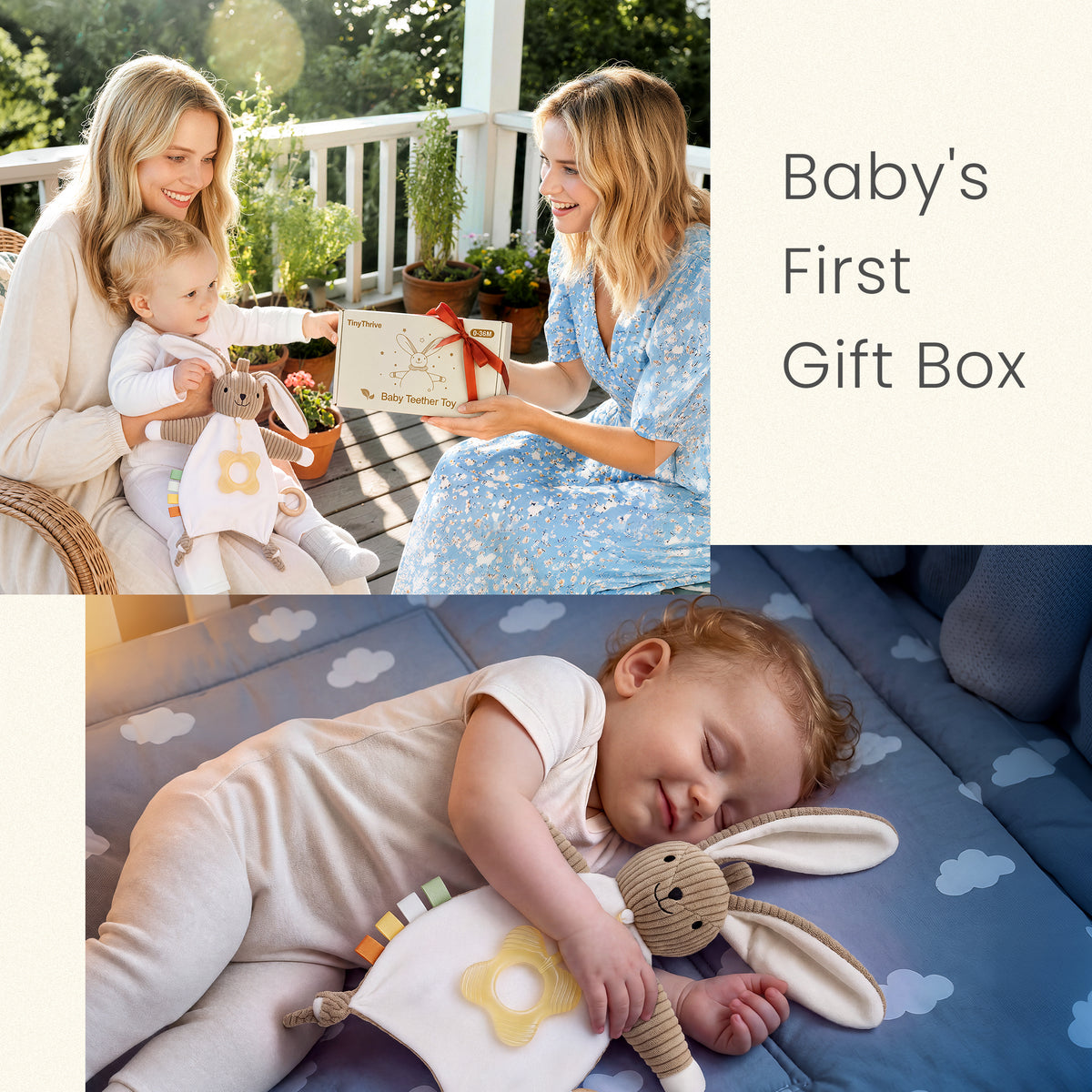 Babyomi Lovey with Silicone Teether, Rabbit Security Blanket with Textured Ribbons, Crinkle Toys, Soft Fabric, Newborn boys and girls Gifts for Baby Shower & Birthday, Brown