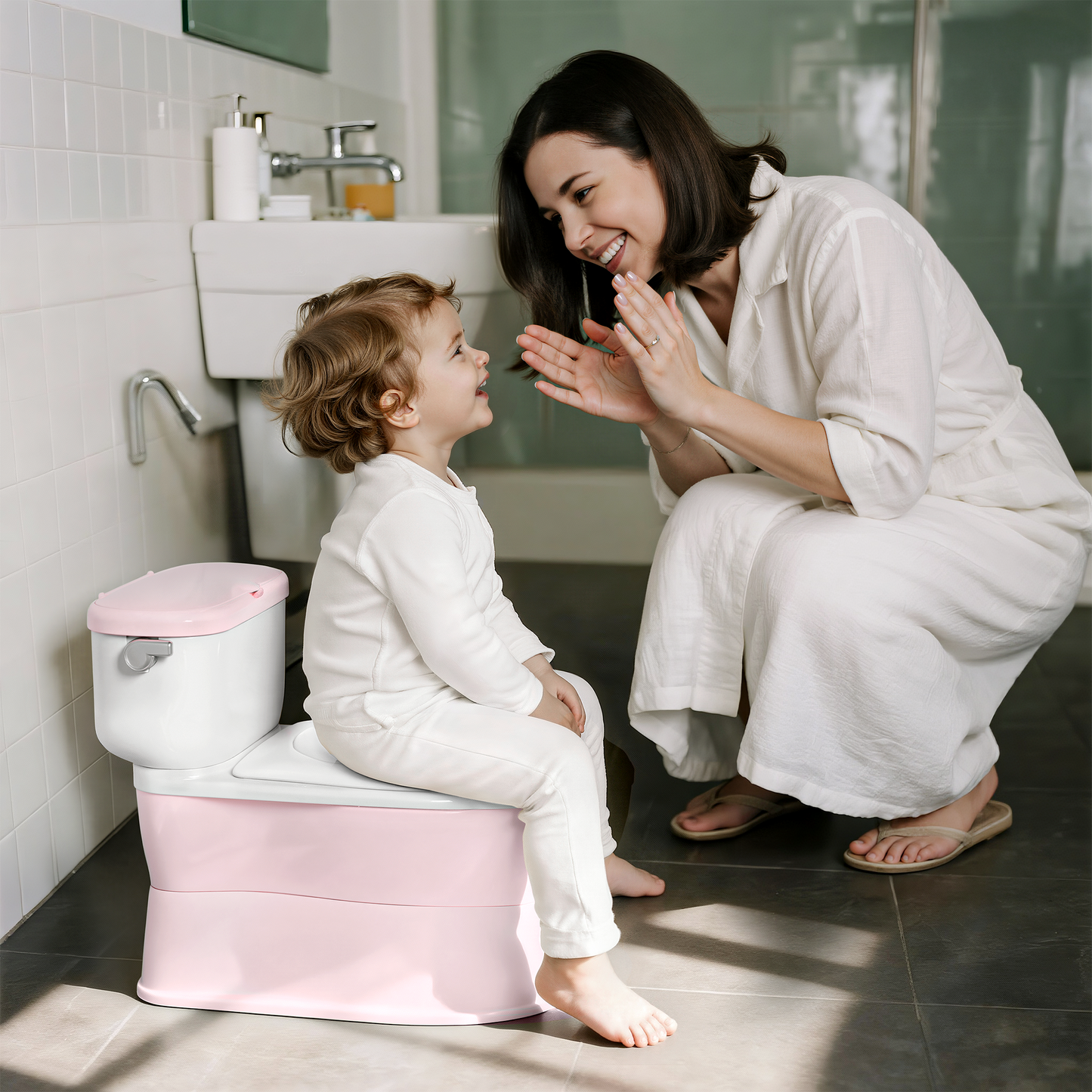 (1033) Babyomi Toddler Potty Training Toilet, 2-in-1 Portable Toilet with Detachable Training Seat, Realistic Flushing Sound, Wipes Storage and Toilet Paper Holder for Boys and Girls Ages 1-3, Grey