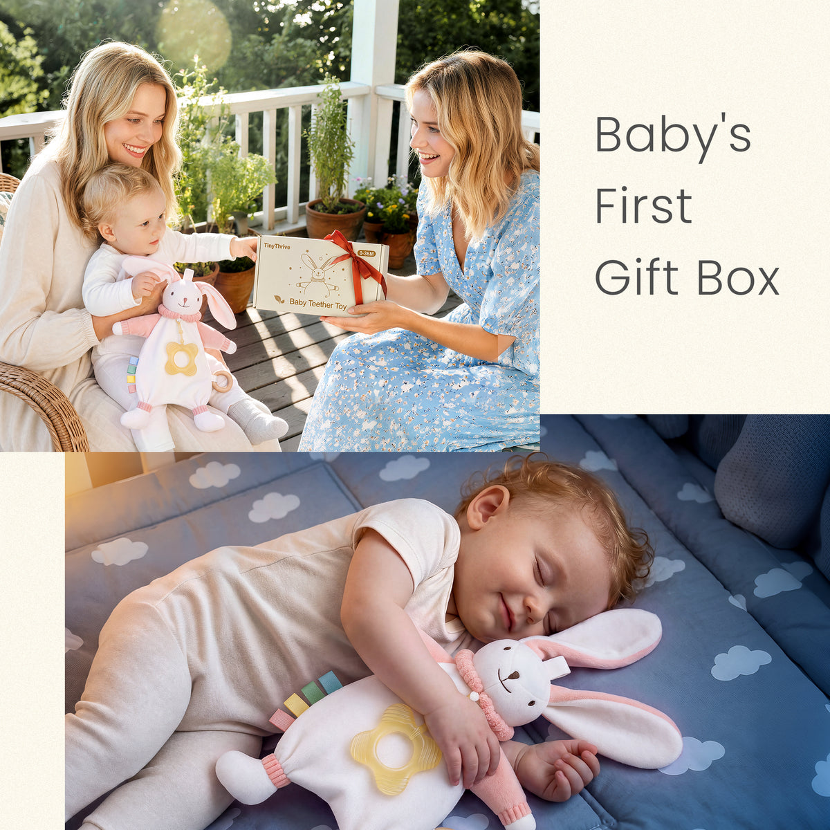 Babyomi Lovey with Silicone Teether, Rabbit Security Blanket with Textured Ribbons, Crinkle Toys, Soft Fabric, Newborn boys and girls Gifts for Baby Shower & Birthday, Brown