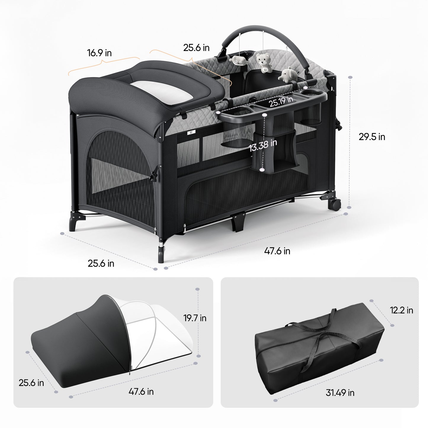 (UP670S)4 in 1 Baby Bassinet, Pack and Play, Bedside Crib Sleeper, Diaper Changer - Comes with Mattress, Mosquito Net，Bottom Storage and Toy Bar for Newborn to Toddles