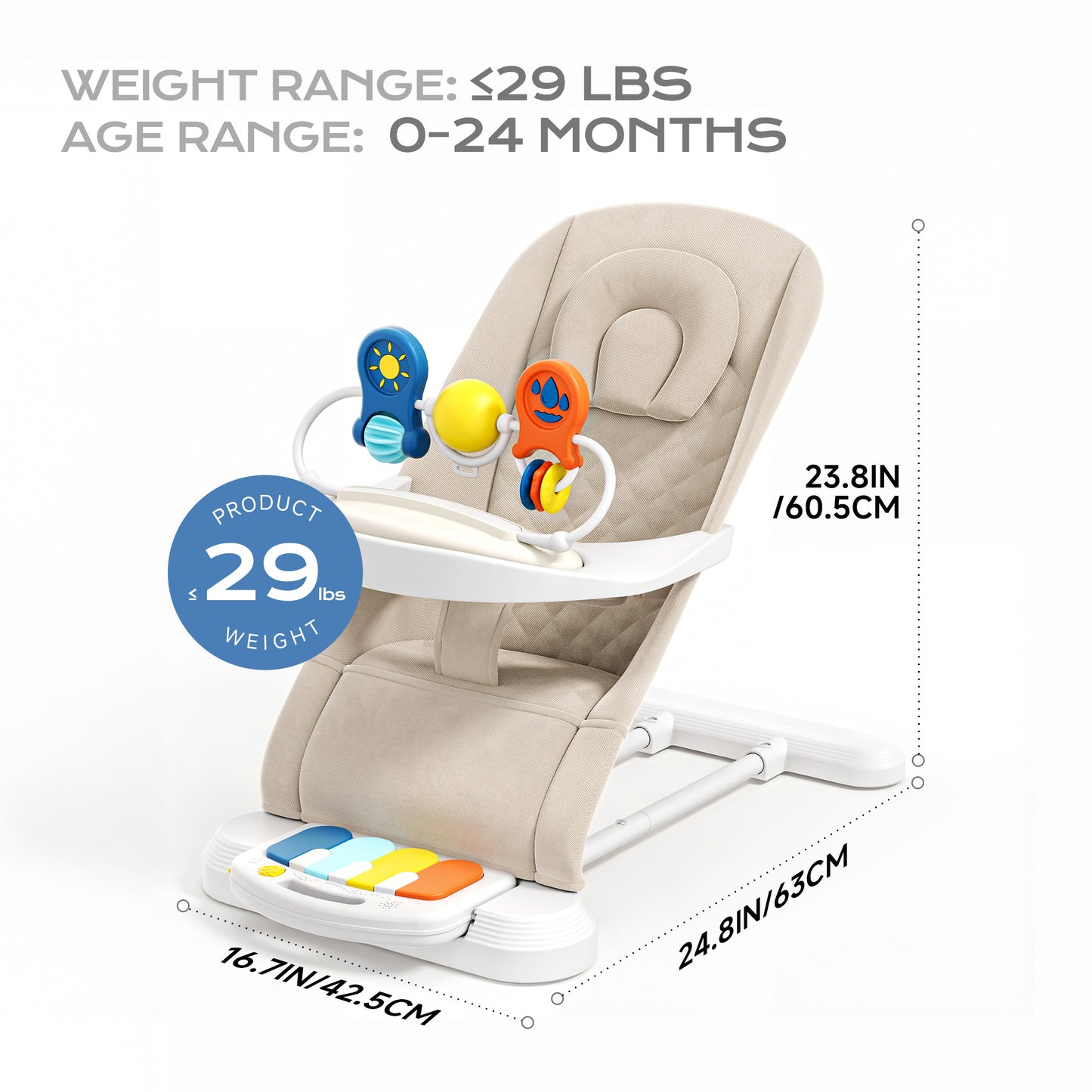 Babyomi 4 in 1 Baby Bouncer, 3-Level Recline Foldable Rocker for Infant to Toddler 0-6 with Detachable Pianos, Feeding Tray and Play Bar 12-24 Months, Girls and Boys Gift, Beige