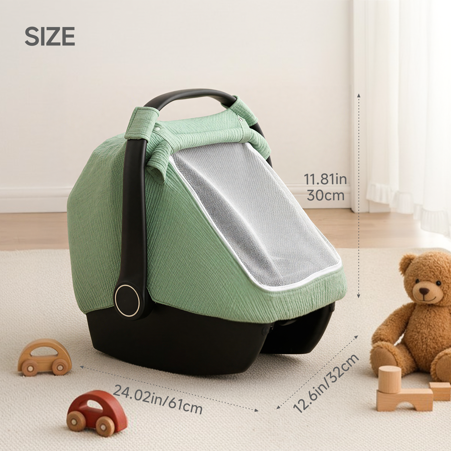 Babyomi Multifunctional Muslin Baby Car Seat Cover, Breathable Cotton, Windproof Carseat Canopy And Extra Large Mesh Window For Newborn, Machine Washable,Beige，green (BM3013