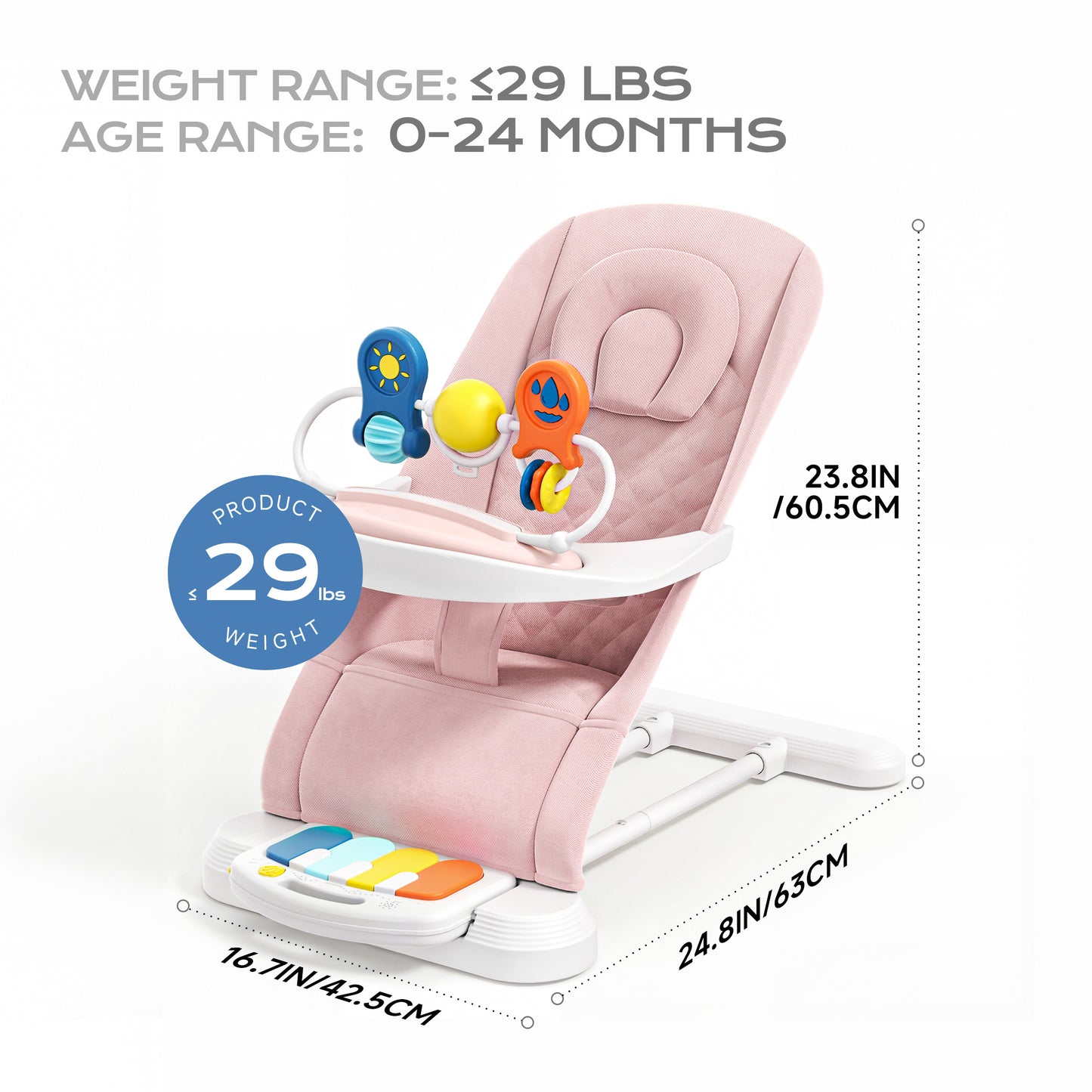 Babyomi 4 in 1 Baby Bouncer, 3-Level Recline Foldable Rocker for Infant to Toddler 0-6 with Detachable Pianos, Feeding Tray and Play Bar 12-24 Months, Girls and Boys Gift, Beige