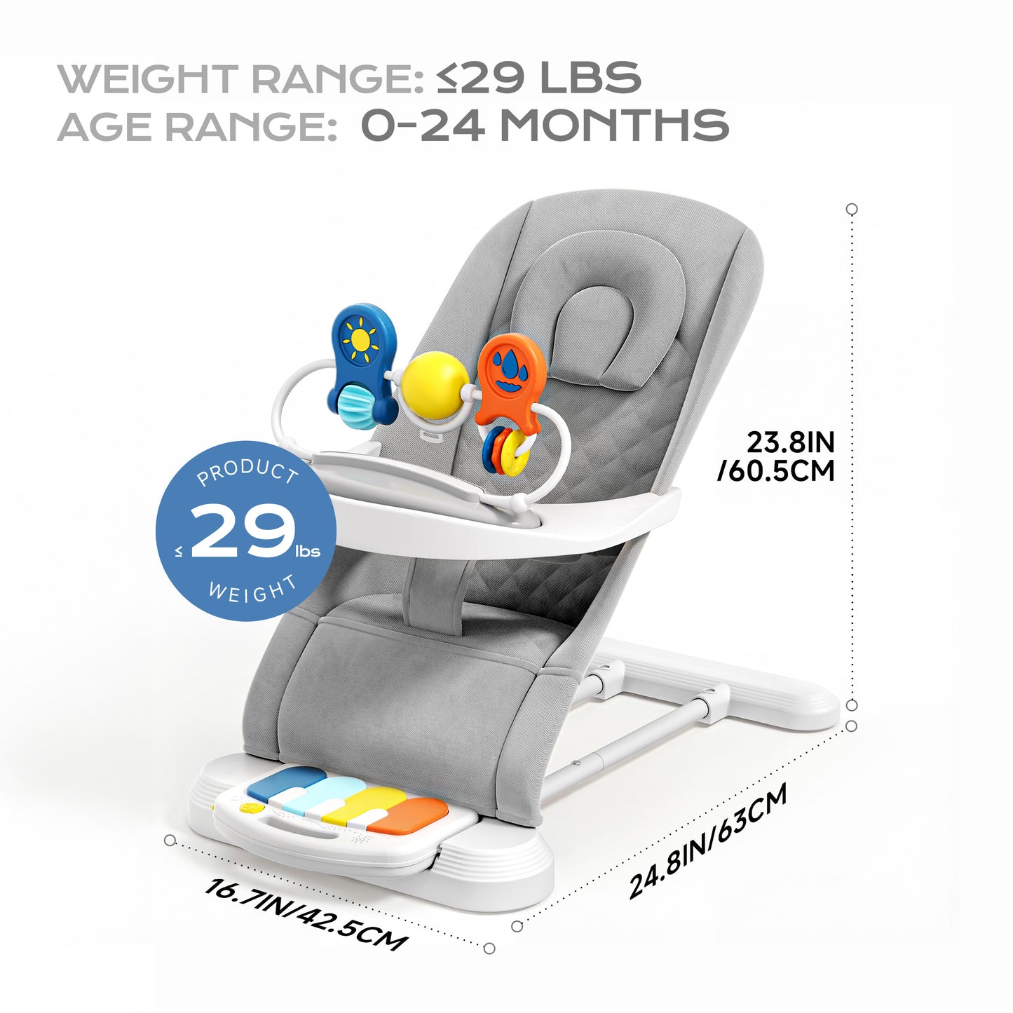 Babyomi 4 in 1 Baby Bouncer, 3-Level Recline Foldable Rocker for Infant to Toddler 0-6 with Detachable Pianos, Feeding Tray and Play Bar 12-24 Months, Girls and Boys Gift, Beige