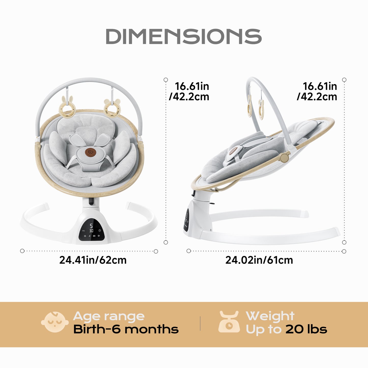 Baby Swing for Infants to Toddler Portable Babies Swing Timing Function 5 Swing Speeds Bluetooth Touch Screen Music Speaker with 10 Preset Lullabies 5-Point Carabiner White