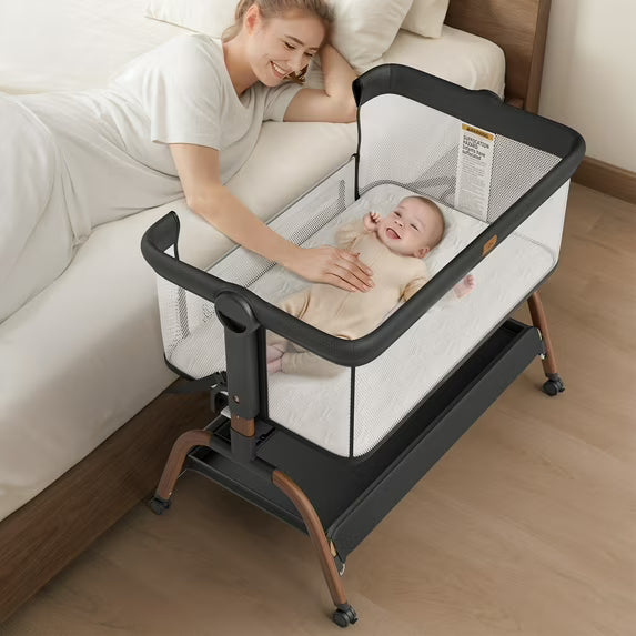 Baby Bassinet Bedside Crib, 3-in-1 Baby Bassinet Bedside Sleeper with Mattress and Soft, Breathable Sheet, Full-Mesh Sides, 6-Height Adjustable, Stable and Secure Crib for Newborns,Black&Beige
