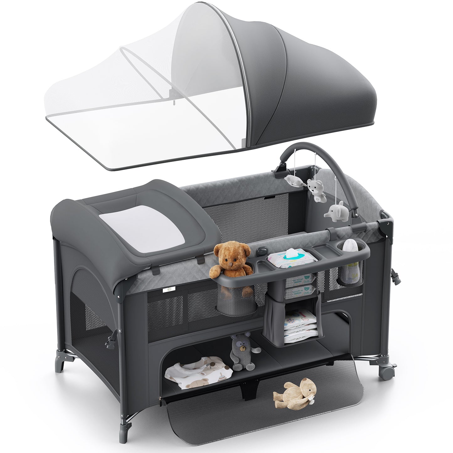 (UP670S)4 in 1 Baby Bassinet, Pack and Play, Bedside Crib Sleeper, Diaper Changer - Comes with Mattress, Mosquito Net，Bottom Storage and Toy Bar for Newborn to Toddles