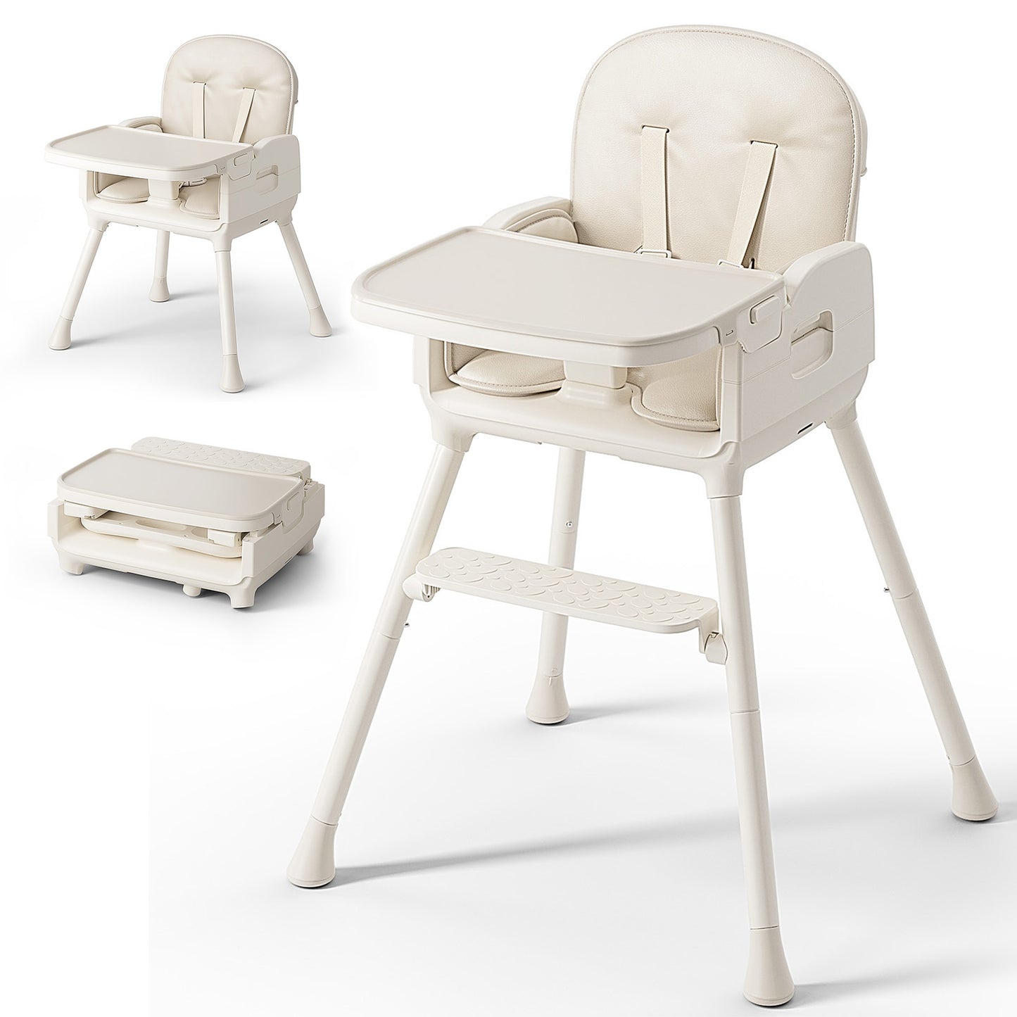 Obee Odee 3-in-1 Portable Baby High Chair for Babies and Toddlers, Convertible Easy Clean Infant Foldable Highchair with Adjustable Legs & Dishwasher Safe Tray, Grey