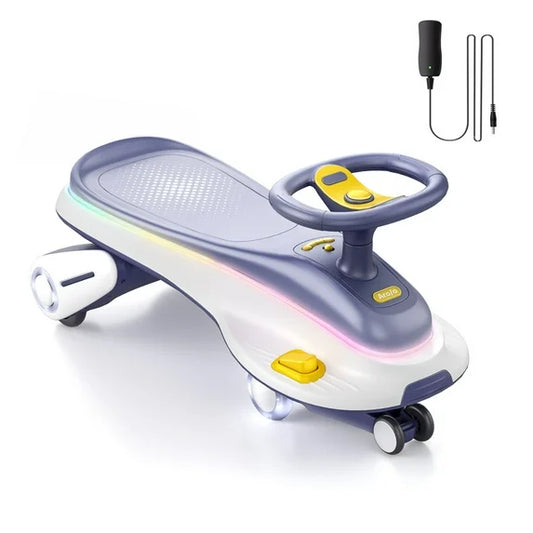 Babyomi 6V Large Classic Electric Wiggle Car with Glow wheels and Music, 2 Speed 2 in 1 Swing Car with Rechargeable Battery and Pedal for Ages 3 and Up Gifts, White-Blue(k12)