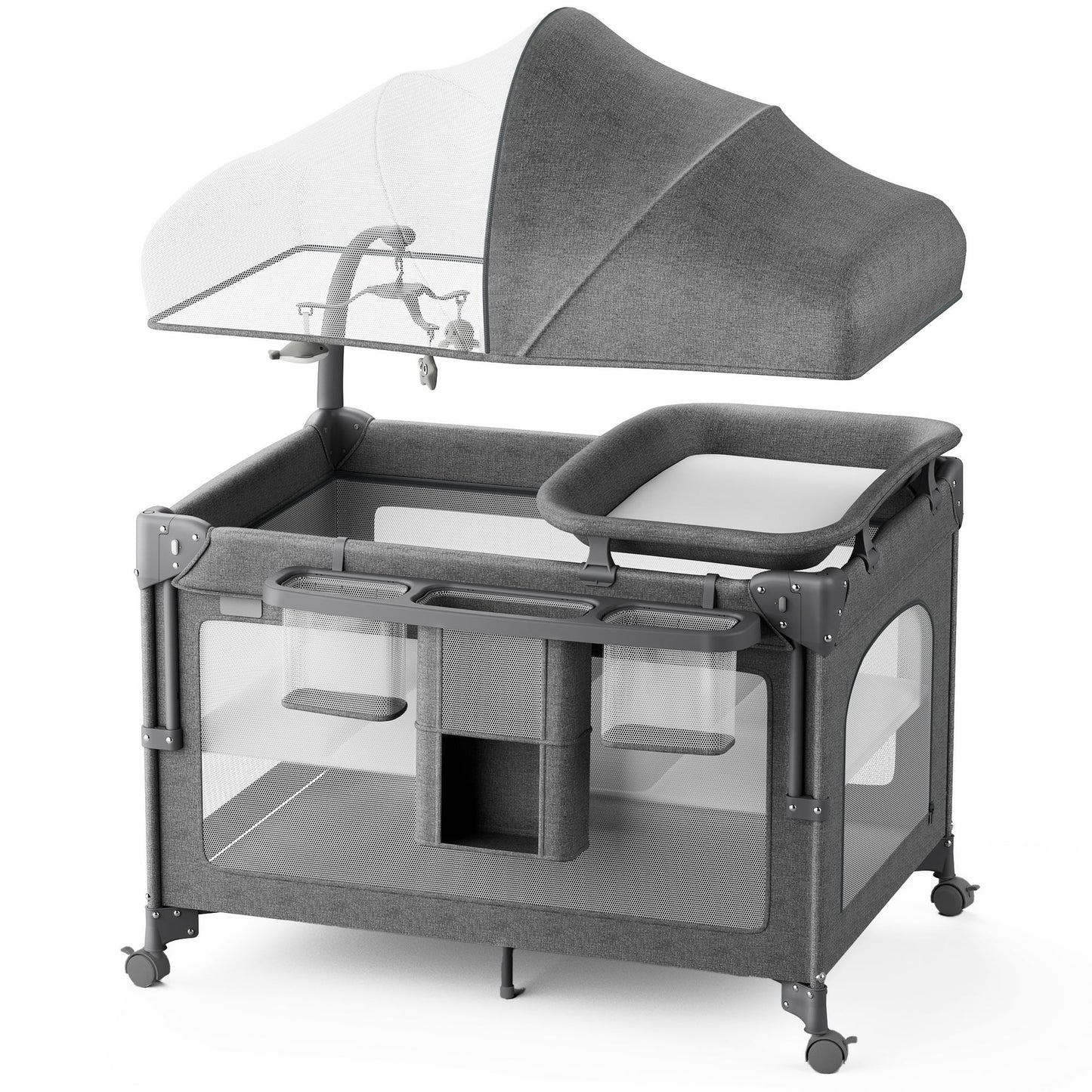 Babyomi Baby Bassinet with Changing Table, 5 in 1 Baby Bassinet Bedside Sleeper with Quick Collection Function and Storage Basket, Toys, Mosquito Net for 0-24 Months, Beige(1028))