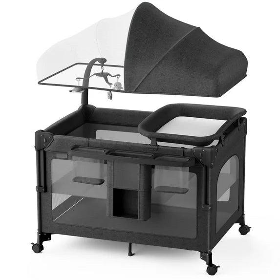 Babyomi Baby Bassinet with Changing Table, 5 in 1 Baby Bassinet Bedside Sleeper with Quick Collection Function and Storage Basket, Toys, Mosquito Net for 0-24 Months, Beige(1028))