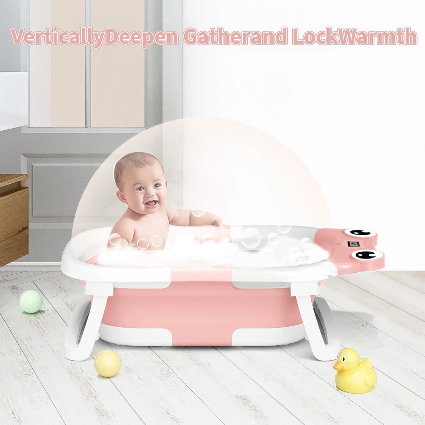 Babyomi Baby Bathtub Portable Baby Tub with Cute Bear Thermometer and Showerhead Holder, Bath Tub Thermostatic Drain Plug and No-Slip Feet Design to Newborn, Pink(BM8875)